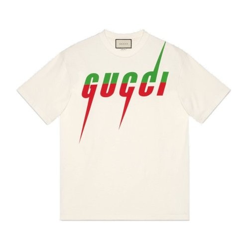 【服装】GUCCI/古驰 男士白色纯棉拼色字母锋刃印花短袖T恤 565806 XJAZY 9037